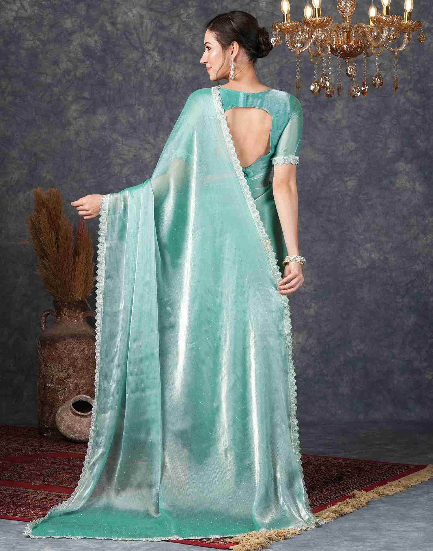 Turquoise Chiffon Plain Jimmy Choo Saree