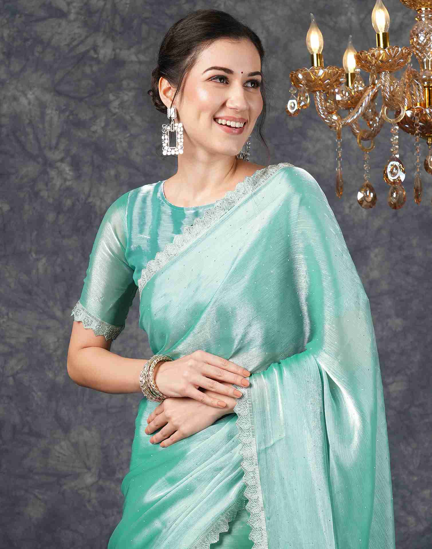 Turquoise Chiffon Plain Jimmy Choo Saree