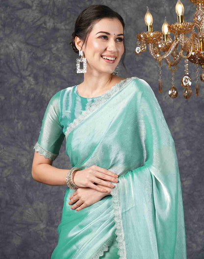 Turquoise Chiffon Plain Jimmy Choo Saree