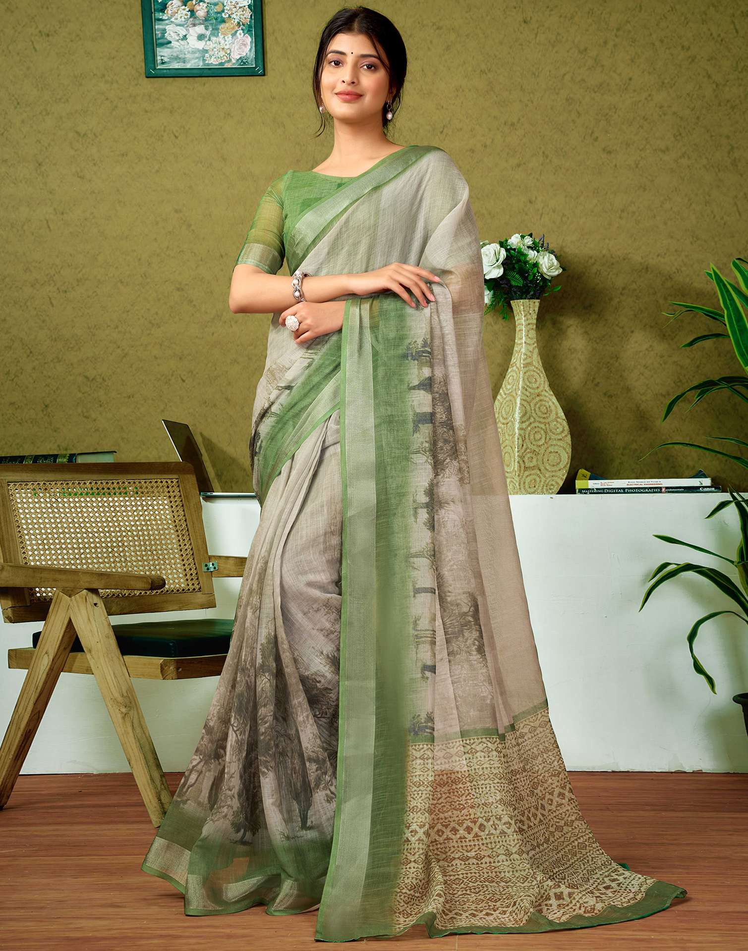 Ready To Wear Green Printed Linen Saree