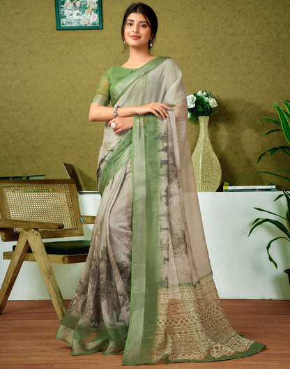 Ready To Wear Green Printed Linen Saree