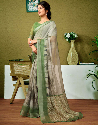 Ready To Wear Green Printed Linen Saree