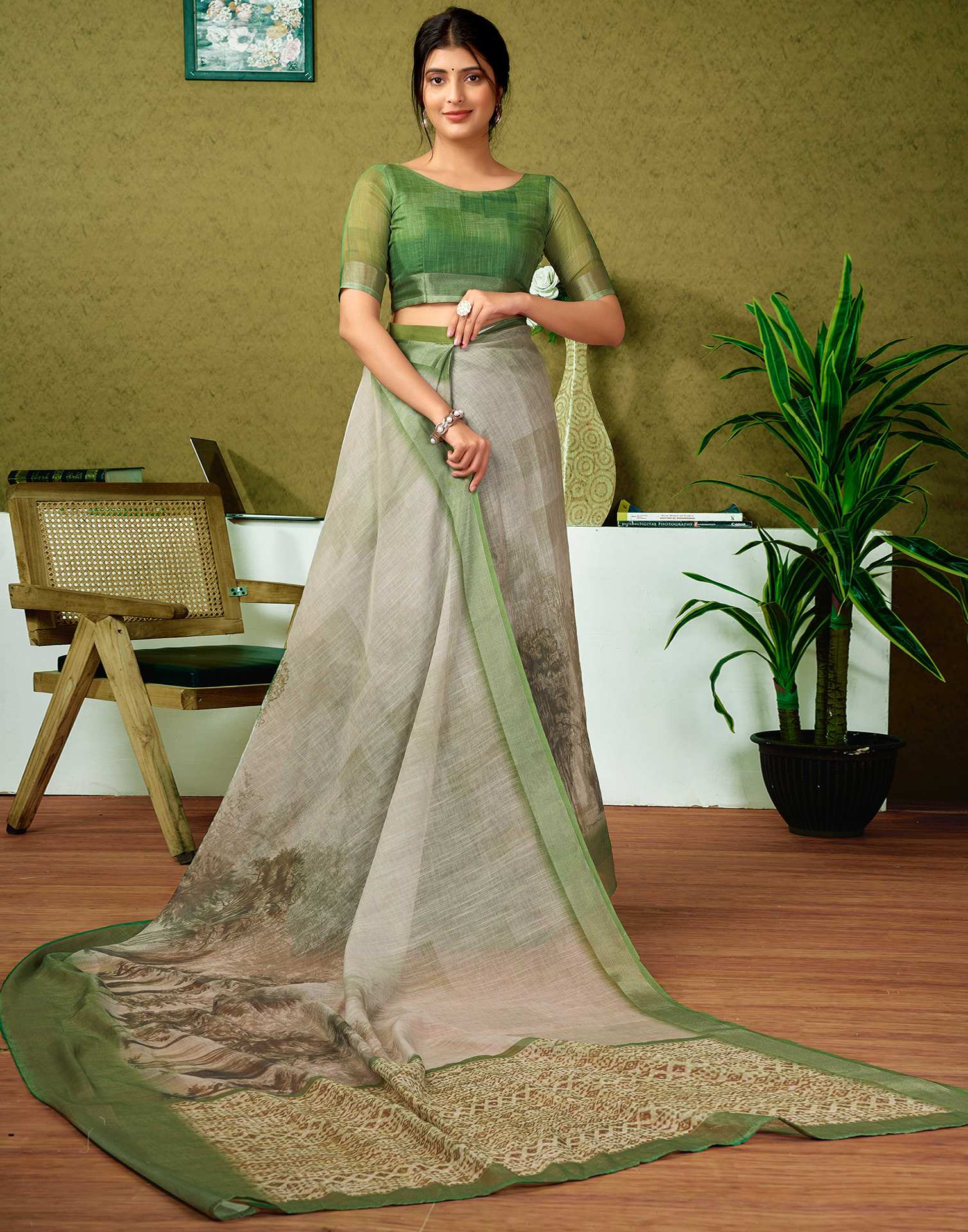 Ready To Wear Green Printed Linen Saree