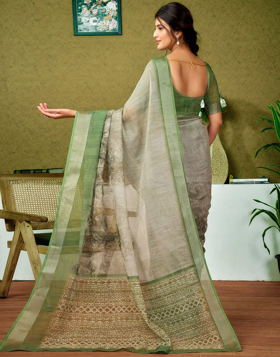 Ready To Wear Green Printed Linen Saree