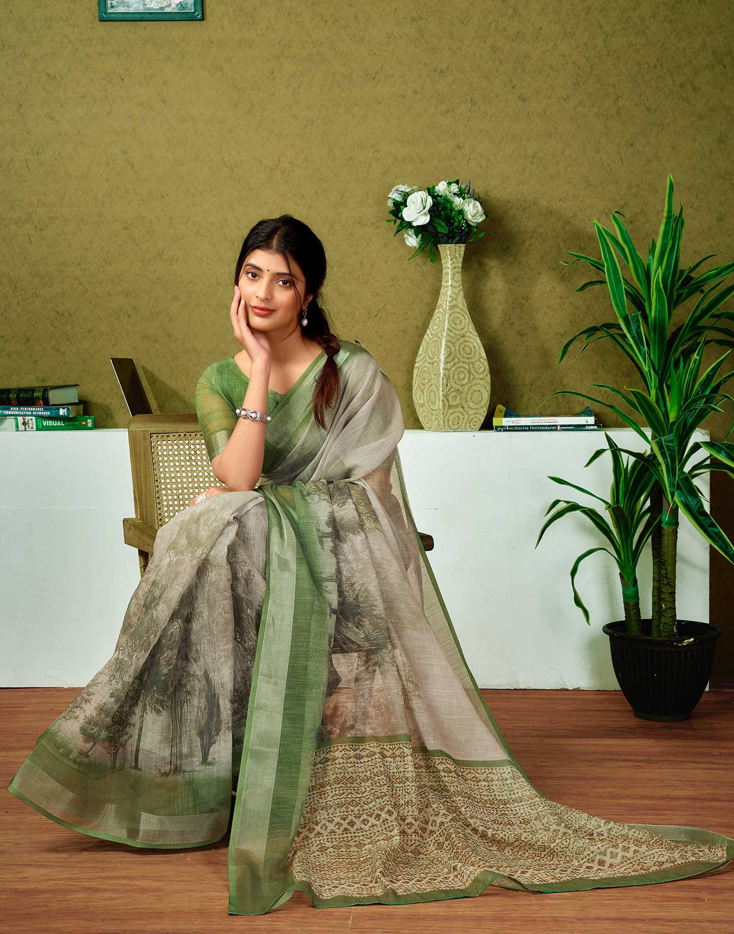 Ready To Wear Green Printed Linen Saree