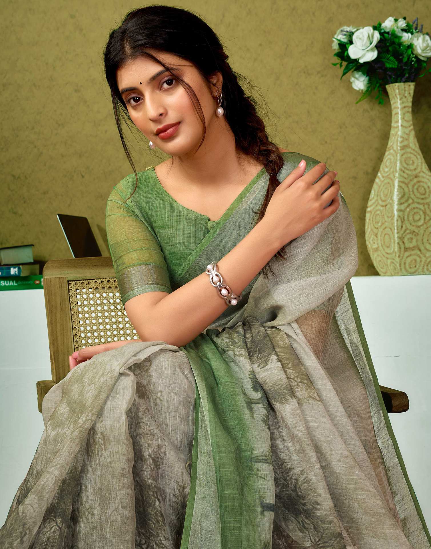 Ready To Wear Green Printed Linen Saree