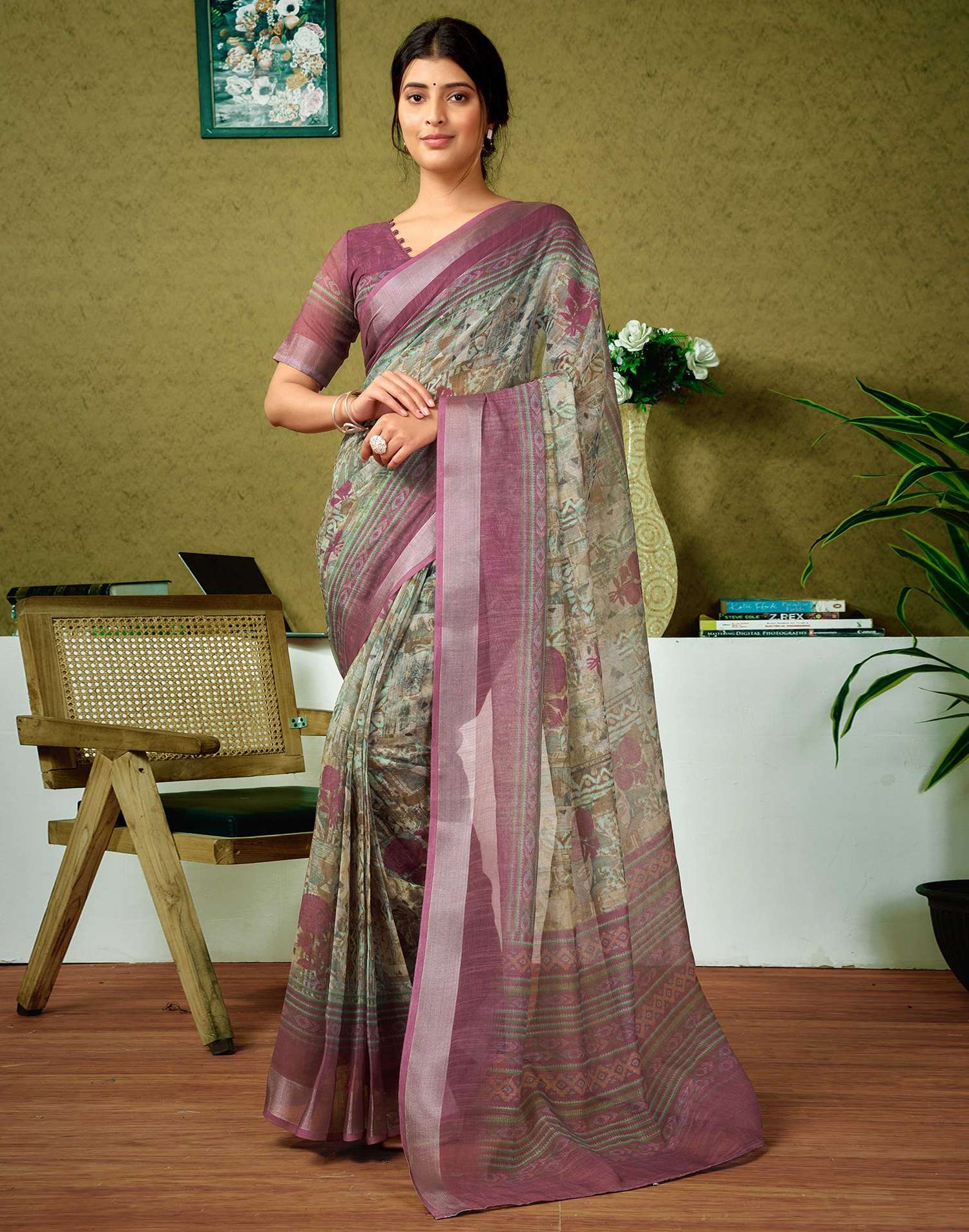 Ready To Wear Green Printed Linen Saree