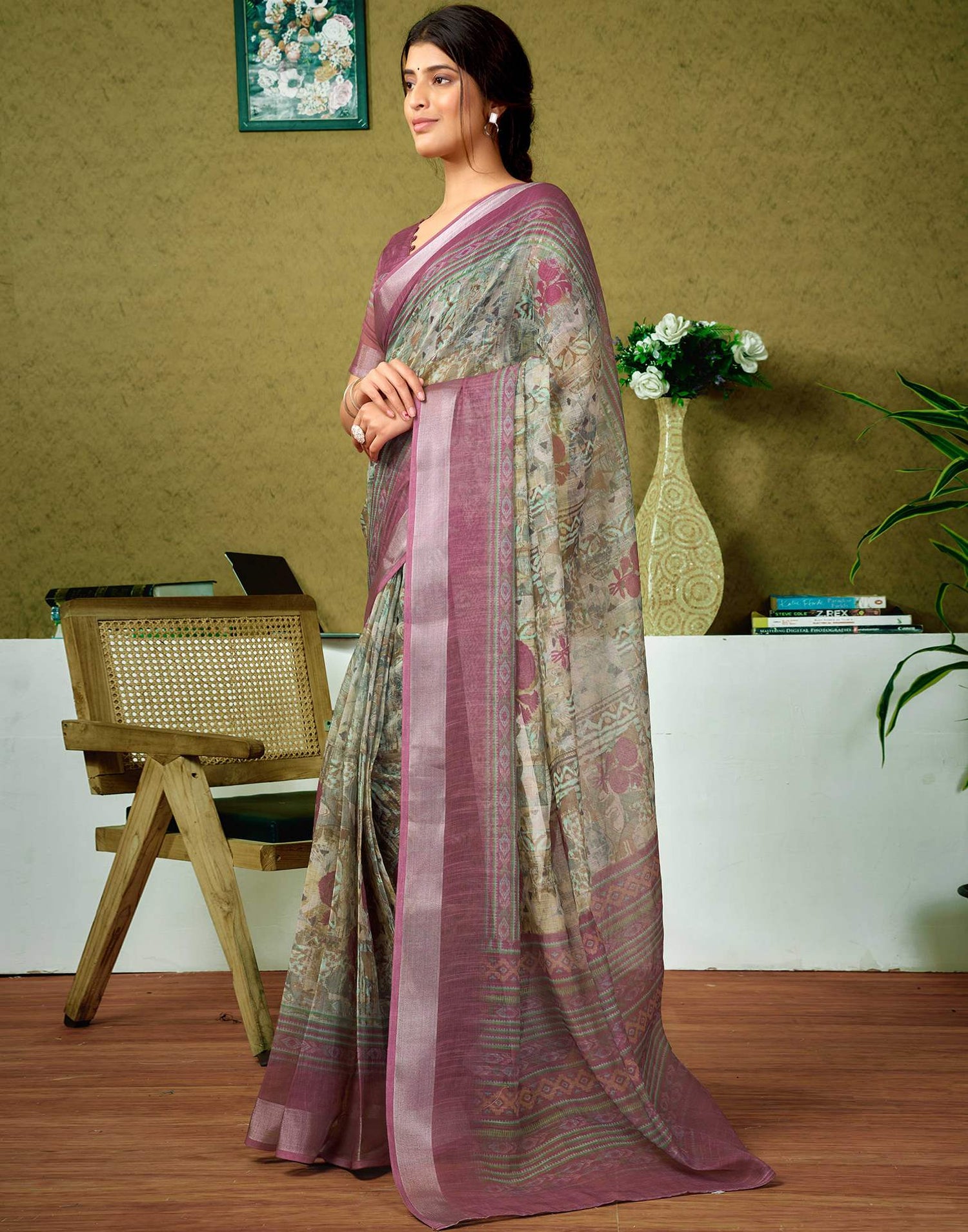 Ready To Wear Green Printed Linen Saree