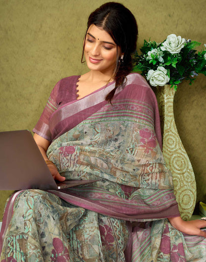 Ready To Wear Green Printed Linen Saree