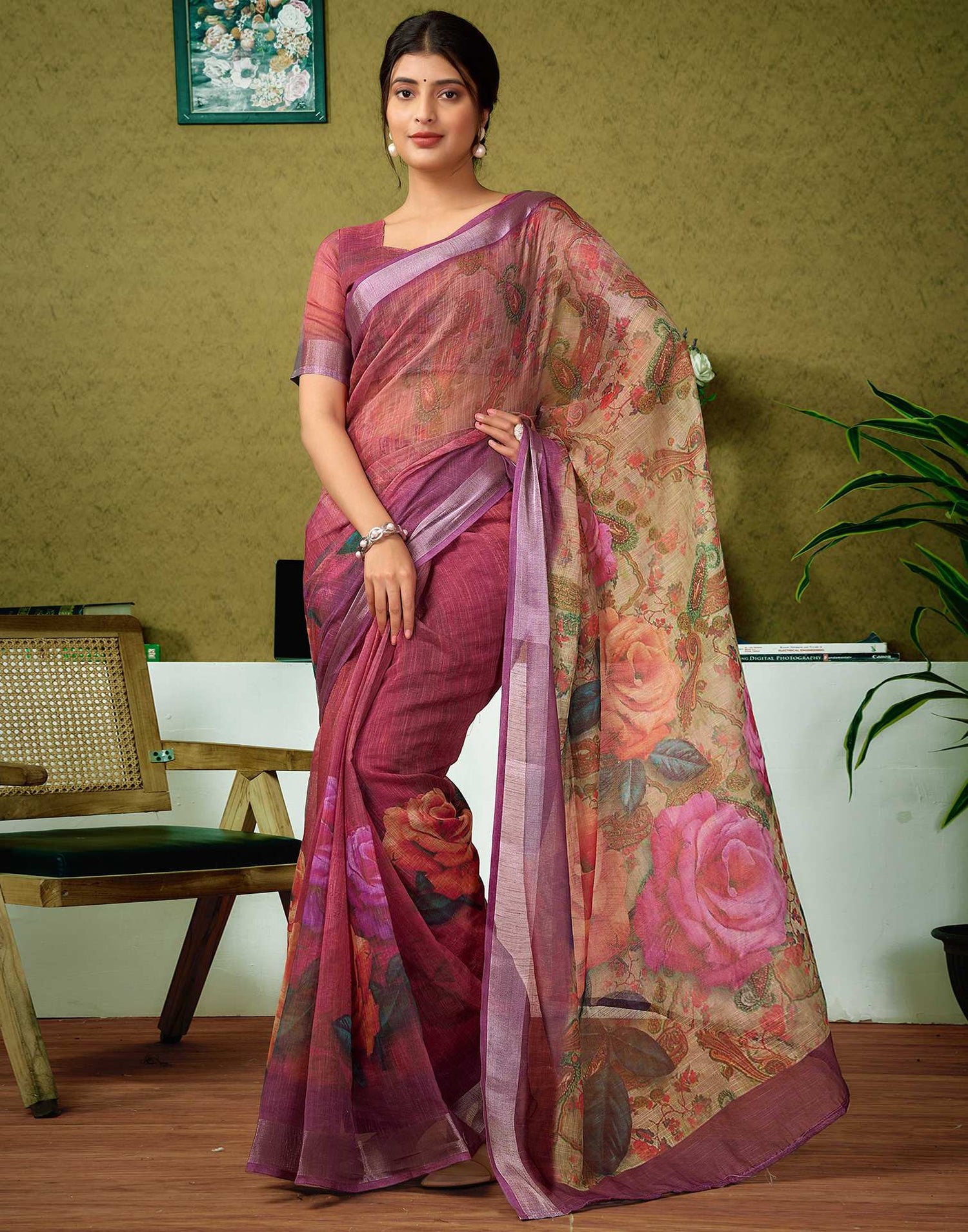 Ready To Wear Onion Pink Printed Linen Saree