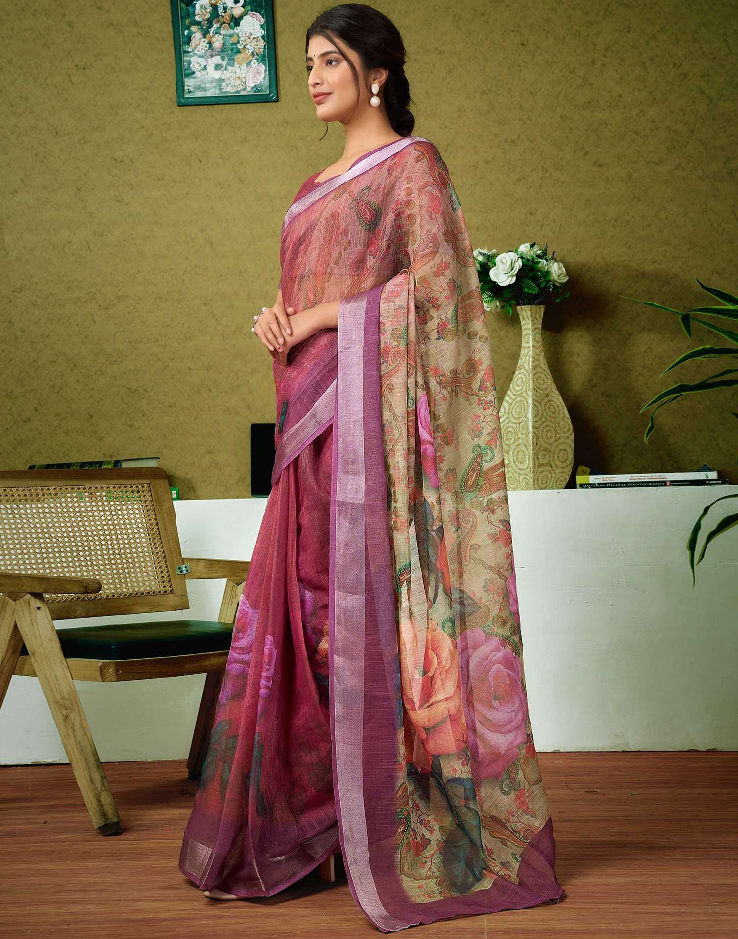 Ready To Wear Onion Pink Printed Linen Saree