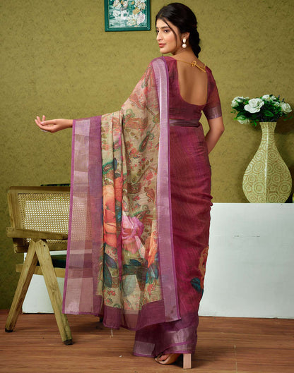 Ready To Wear Onion Pink Printed Linen Saree