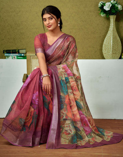 Ready To Wear Onion Pink Printed Linen Saree