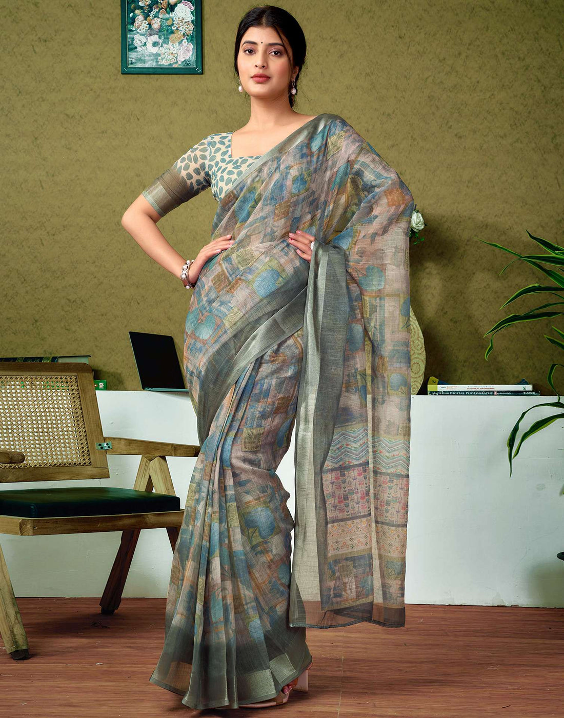 Ready To Wear Dusty Green Printed Linen Saree