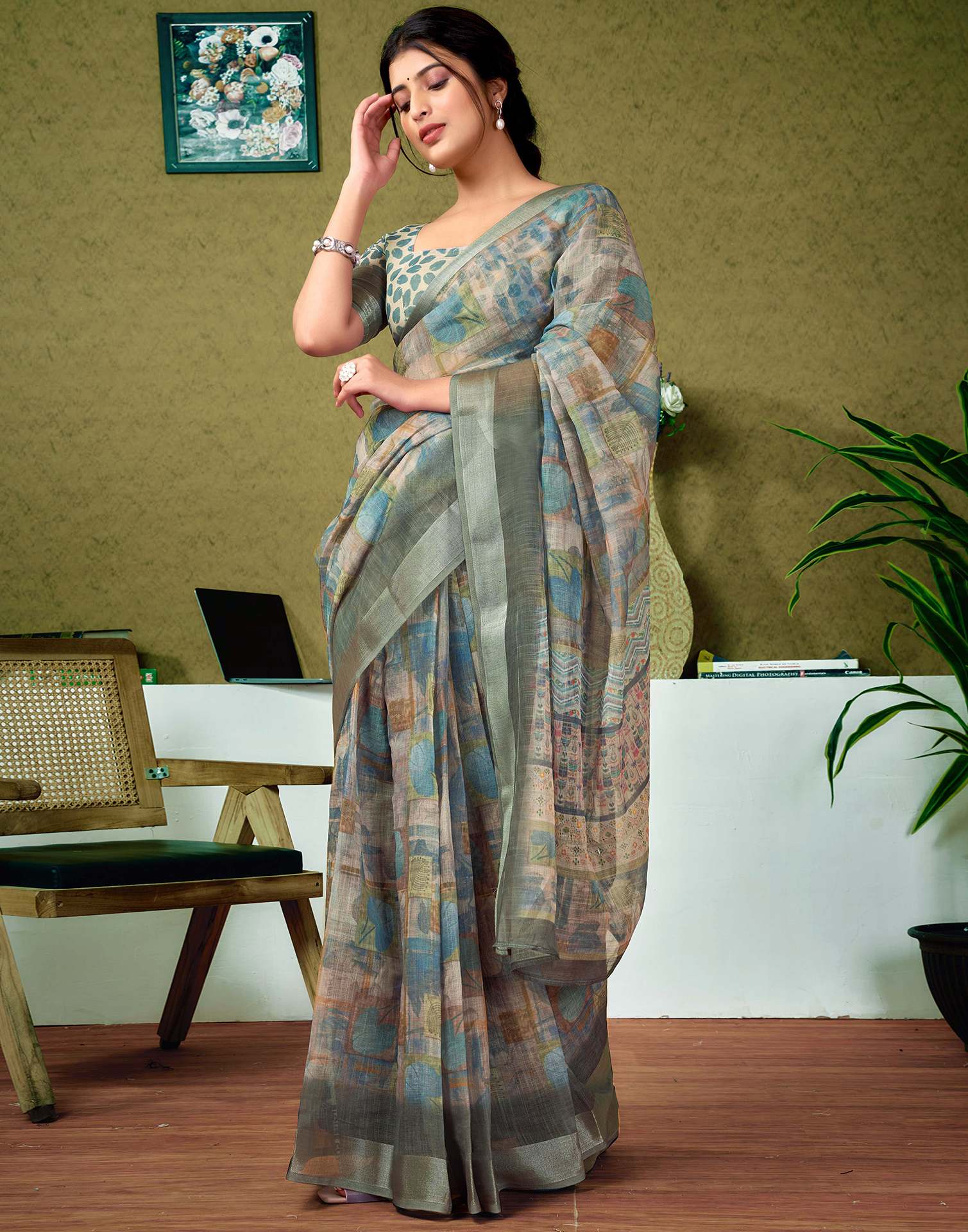 Ready To Wear Dusty Green Printed Linen Saree