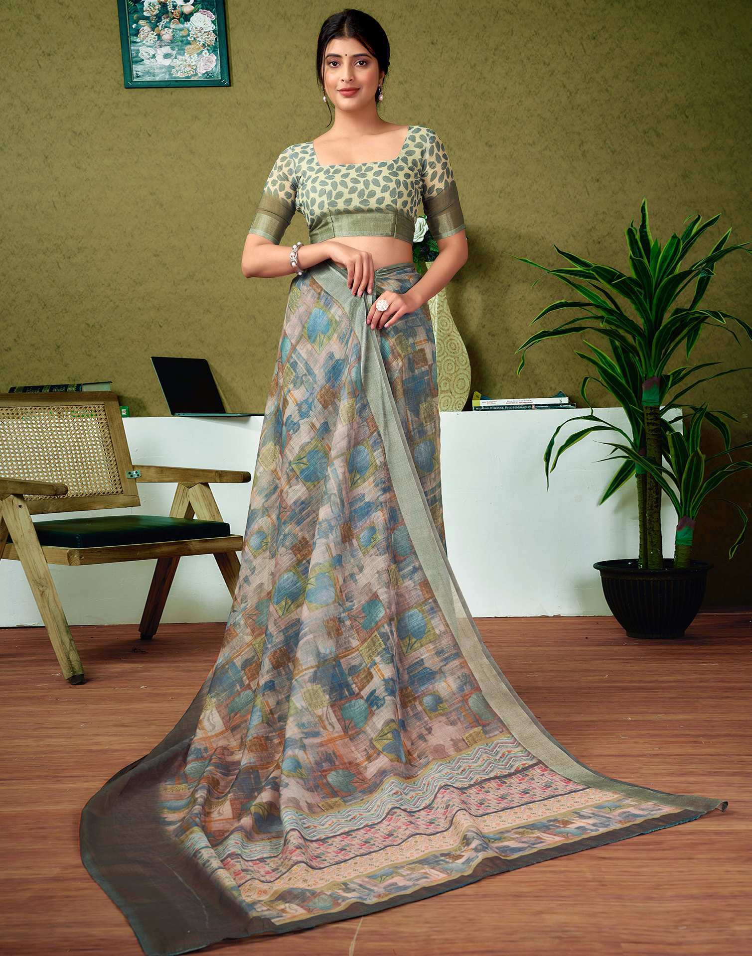 Ready To Wear Dusty Green Printed Linen Saree