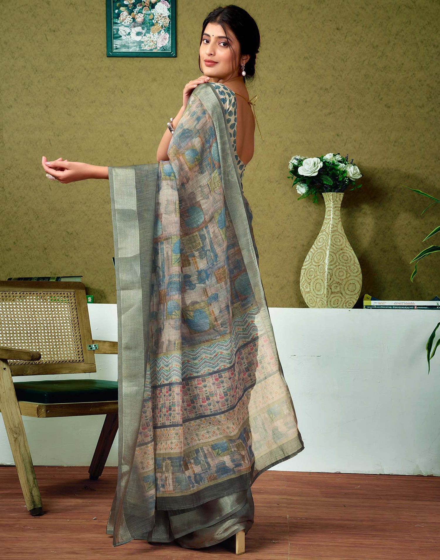 Ready To Wear Dusty Green Printed Linen Saree