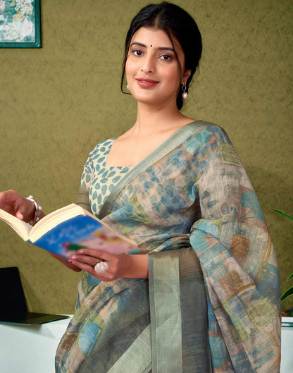 Ready To Wear Dusty Green Printed Linen Saree