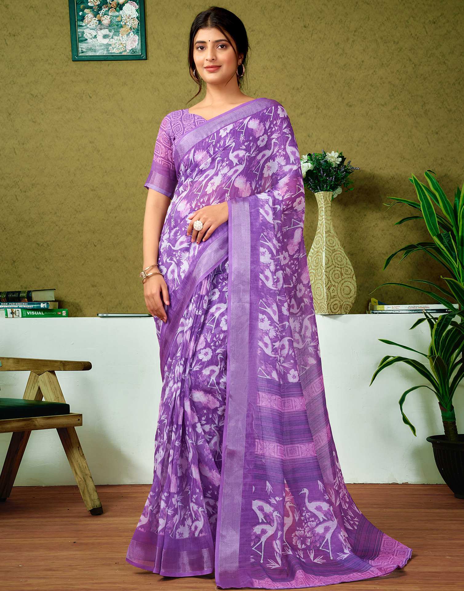 Ready To Wear Purple Printed Linen Saree