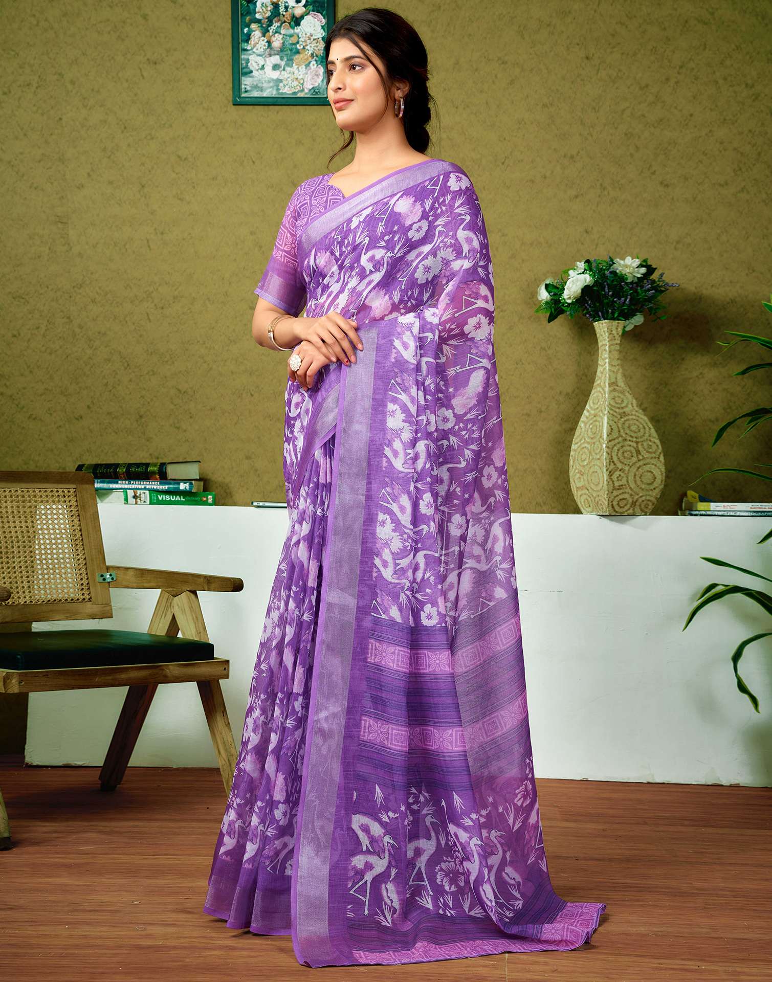 Ready To Wear Purple Printed Linen Saree