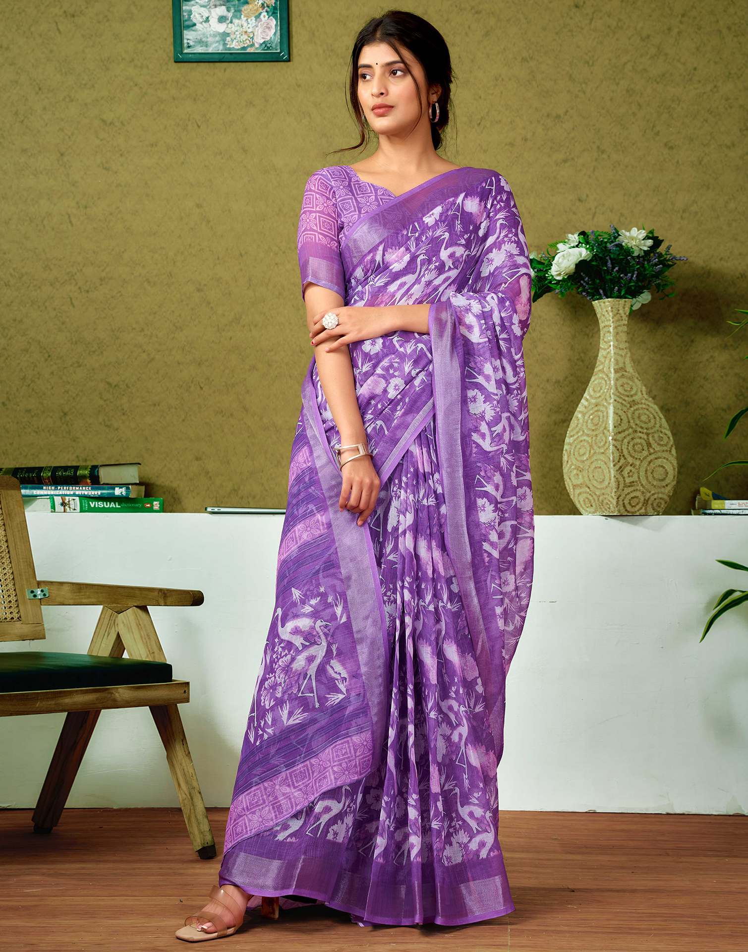 Ready To Wear Purple Printed Linen Saree