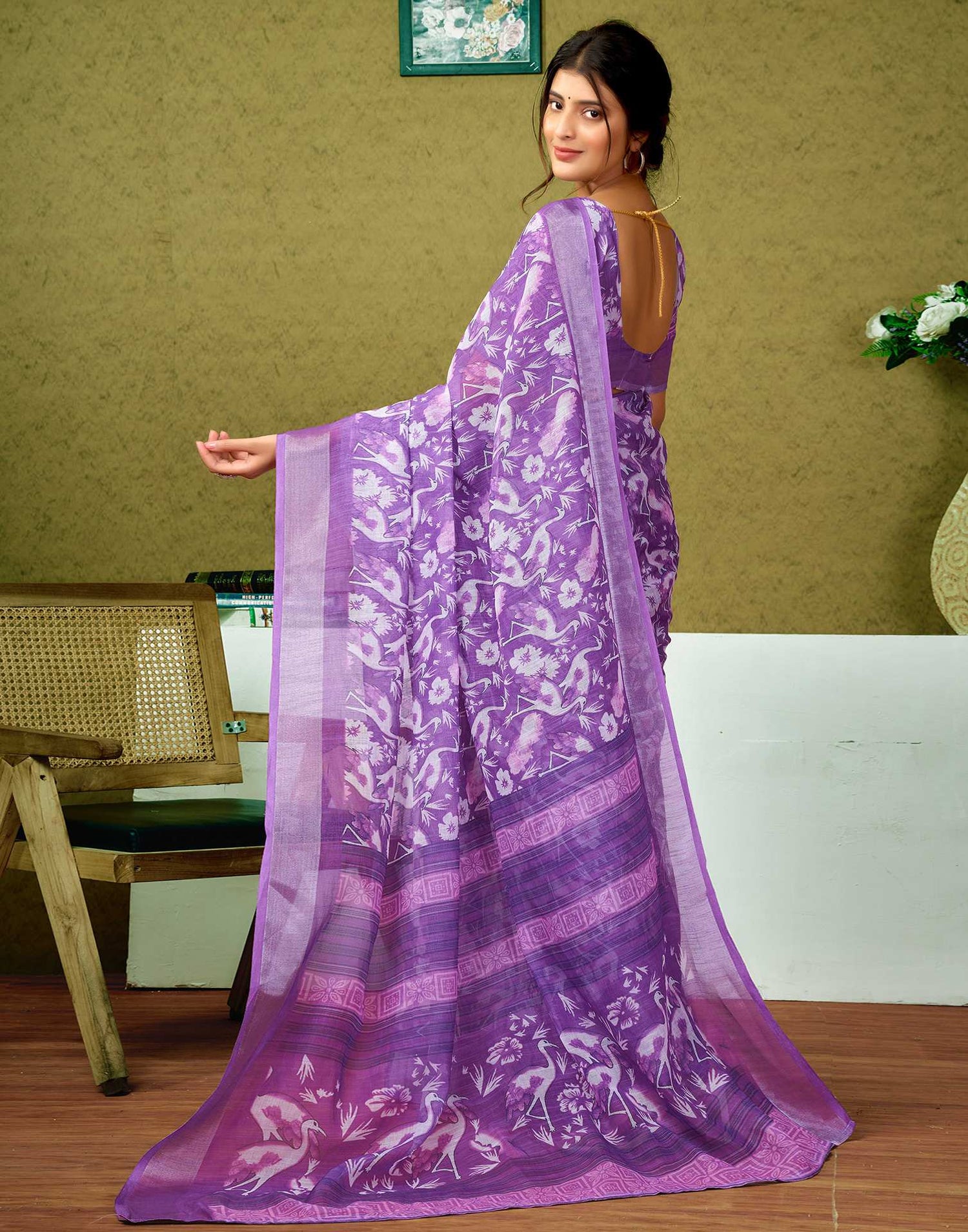 Ready To Wear Purple Printed Linen Saree