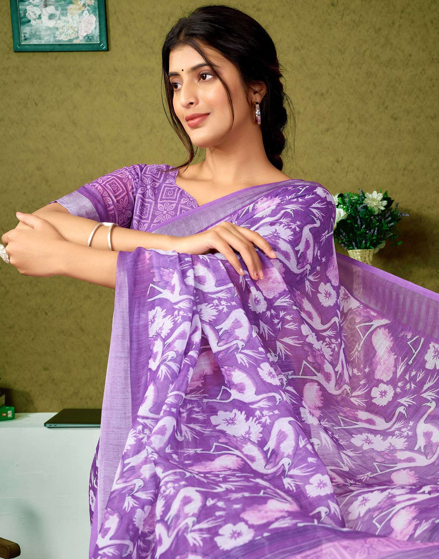 Ready To Wear Purple Printed Linen Saree