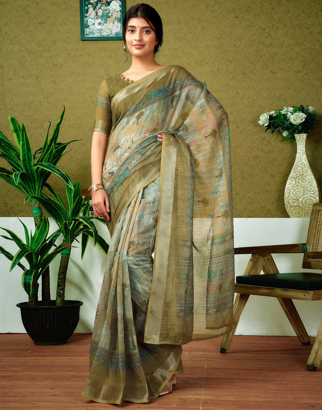 Ready To Wear Olive Green Printed Linen Saree