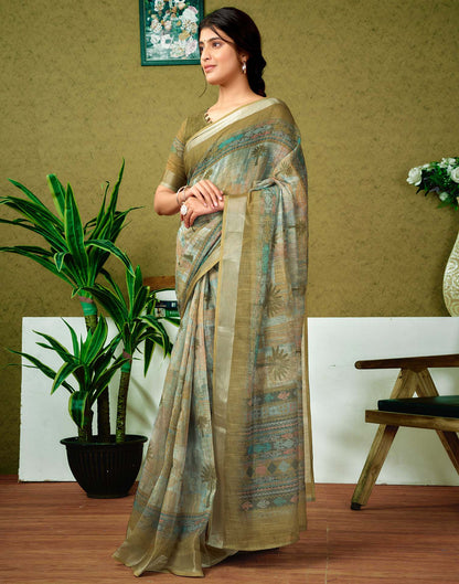 Ready To Wear Olive Green Printed Linen Saree