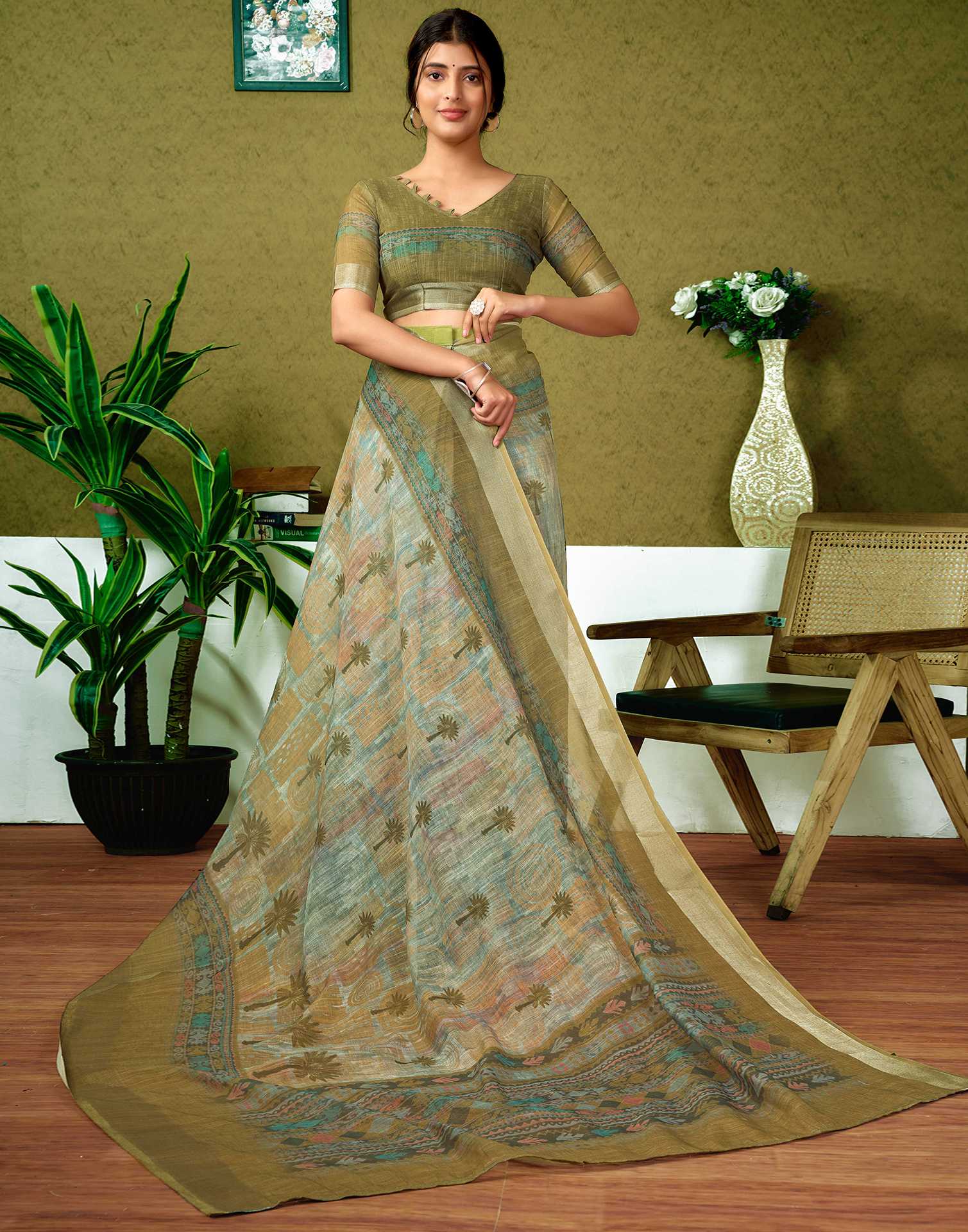 Ready To Wear Olive Green Printed Linen Saree