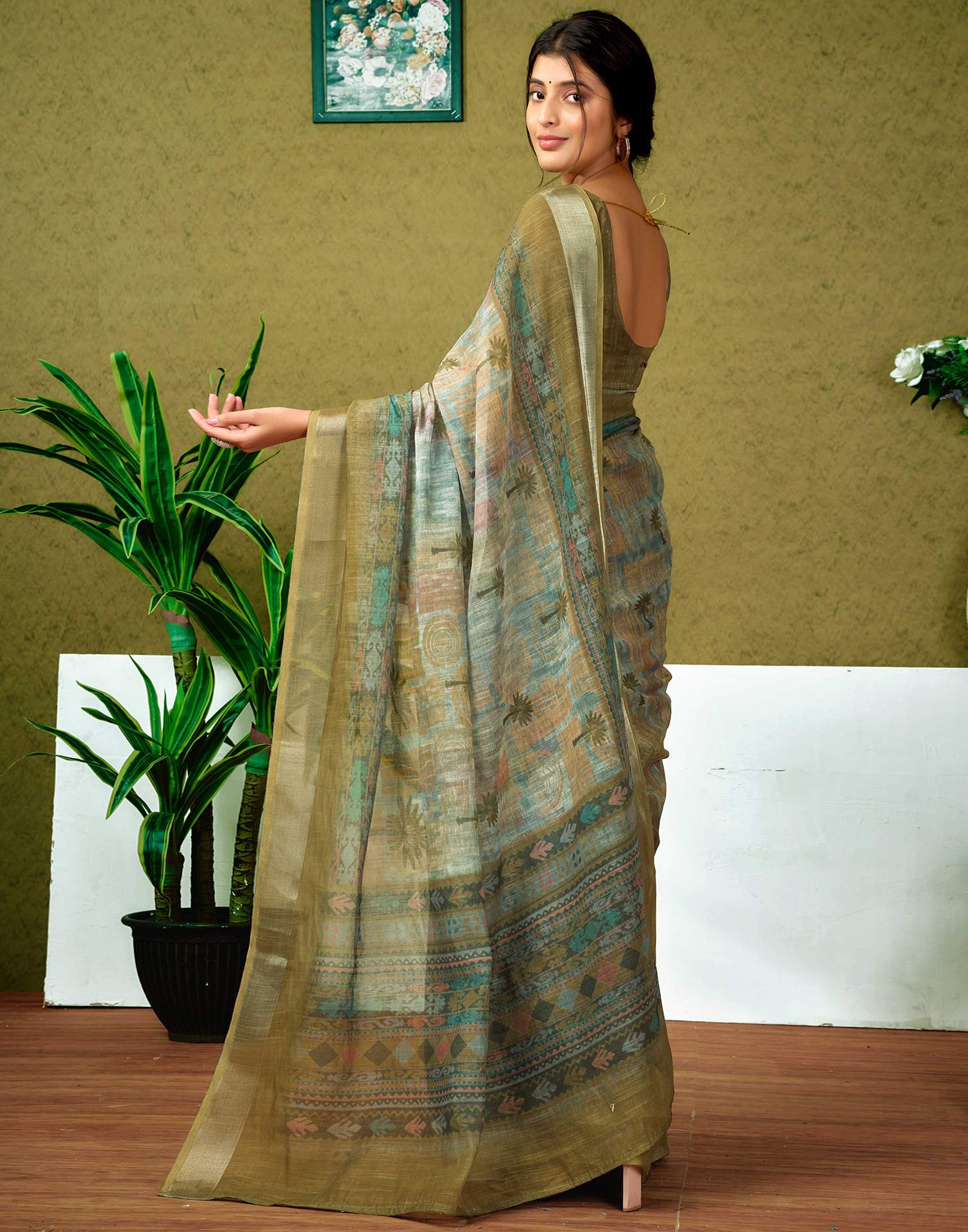 Ready To Wear Olive Green Printed Linen Saree