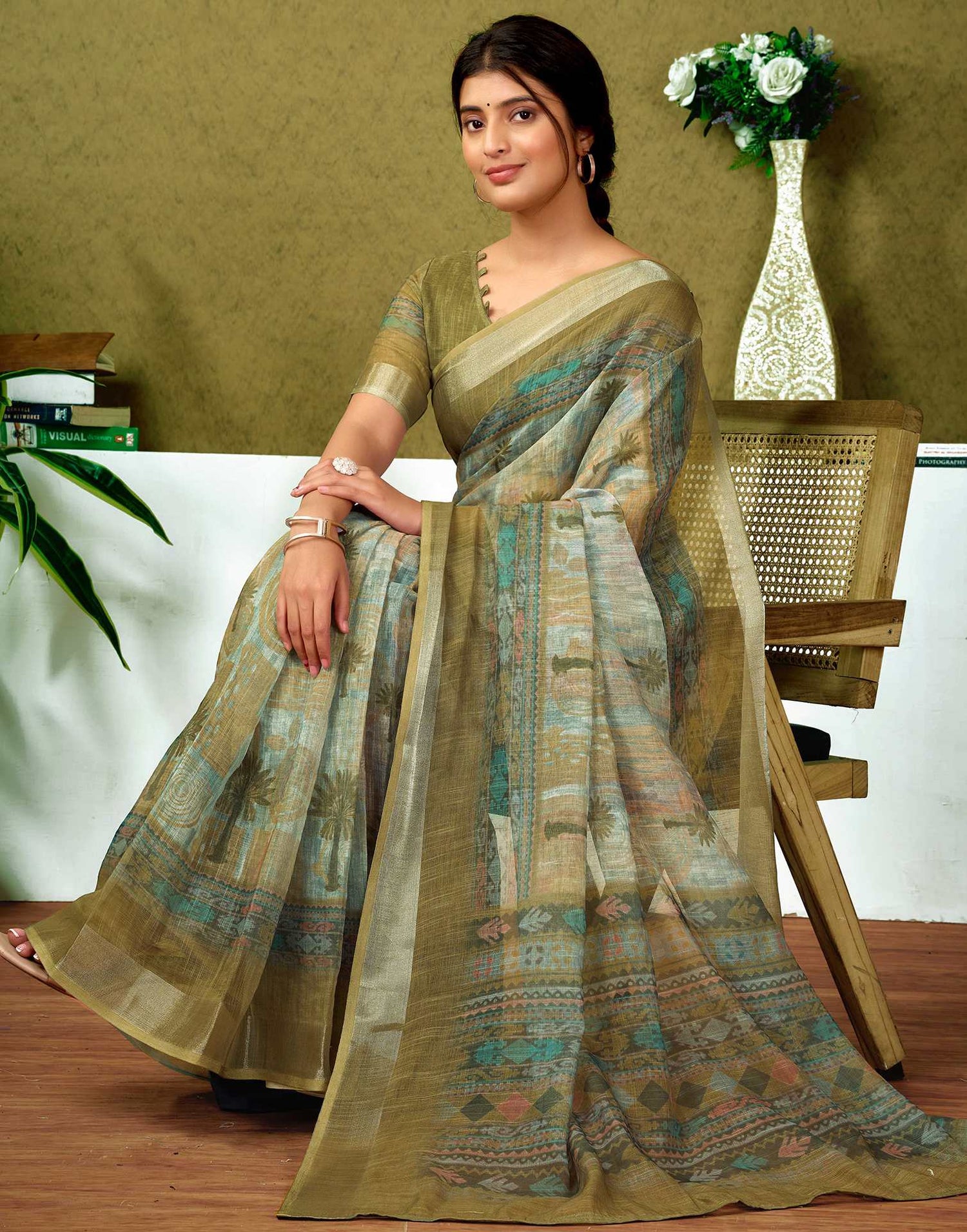 Ready To Wear Olive Green Printed Linen Saree