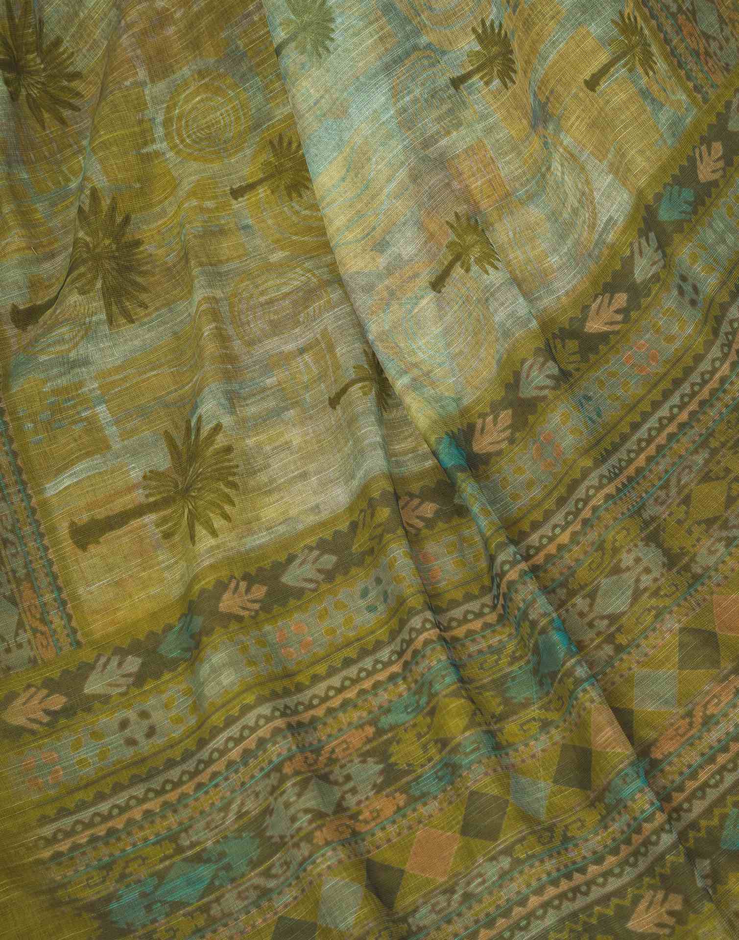 Ready To Wear Olive Green Printed Linen Saree