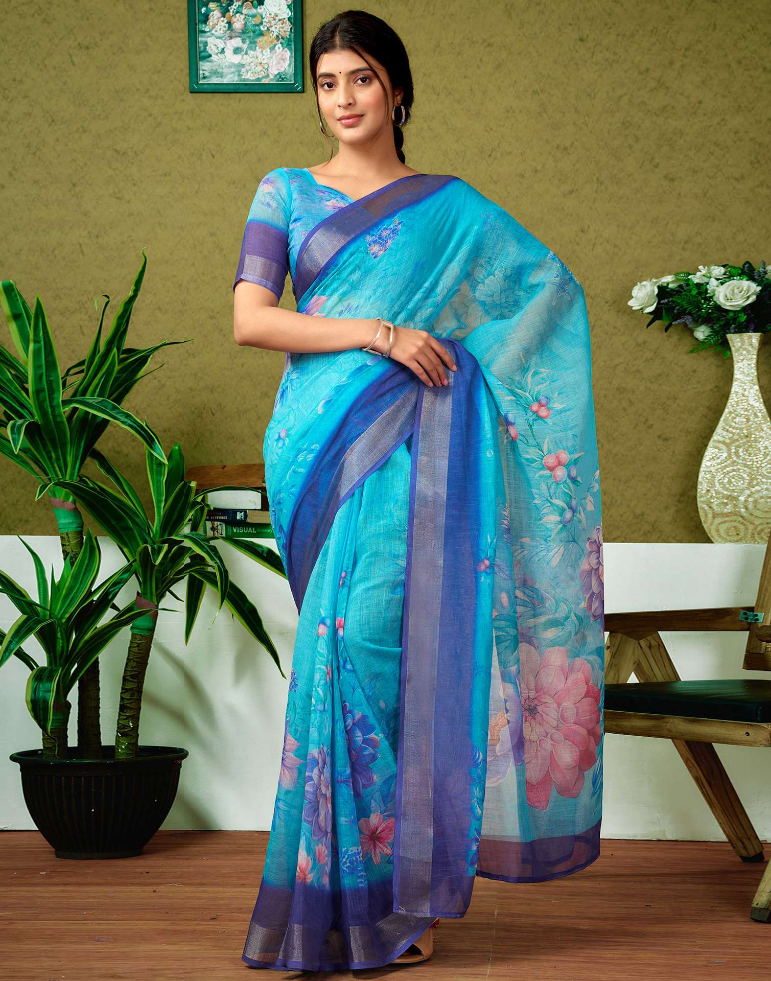 Ready To Wear Blue Printed Linen Saree