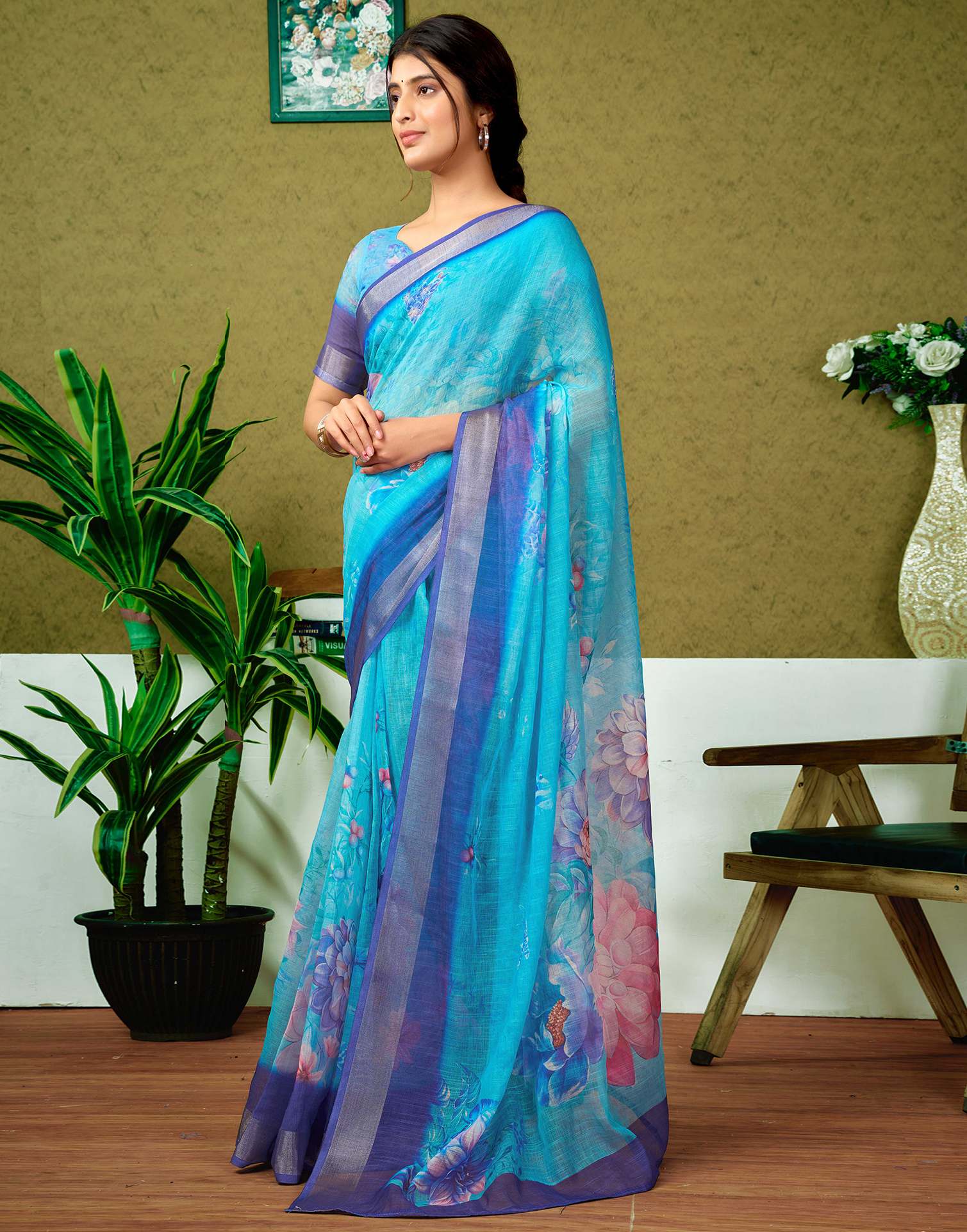 Ready To Wear Blue Printed Linen Saree