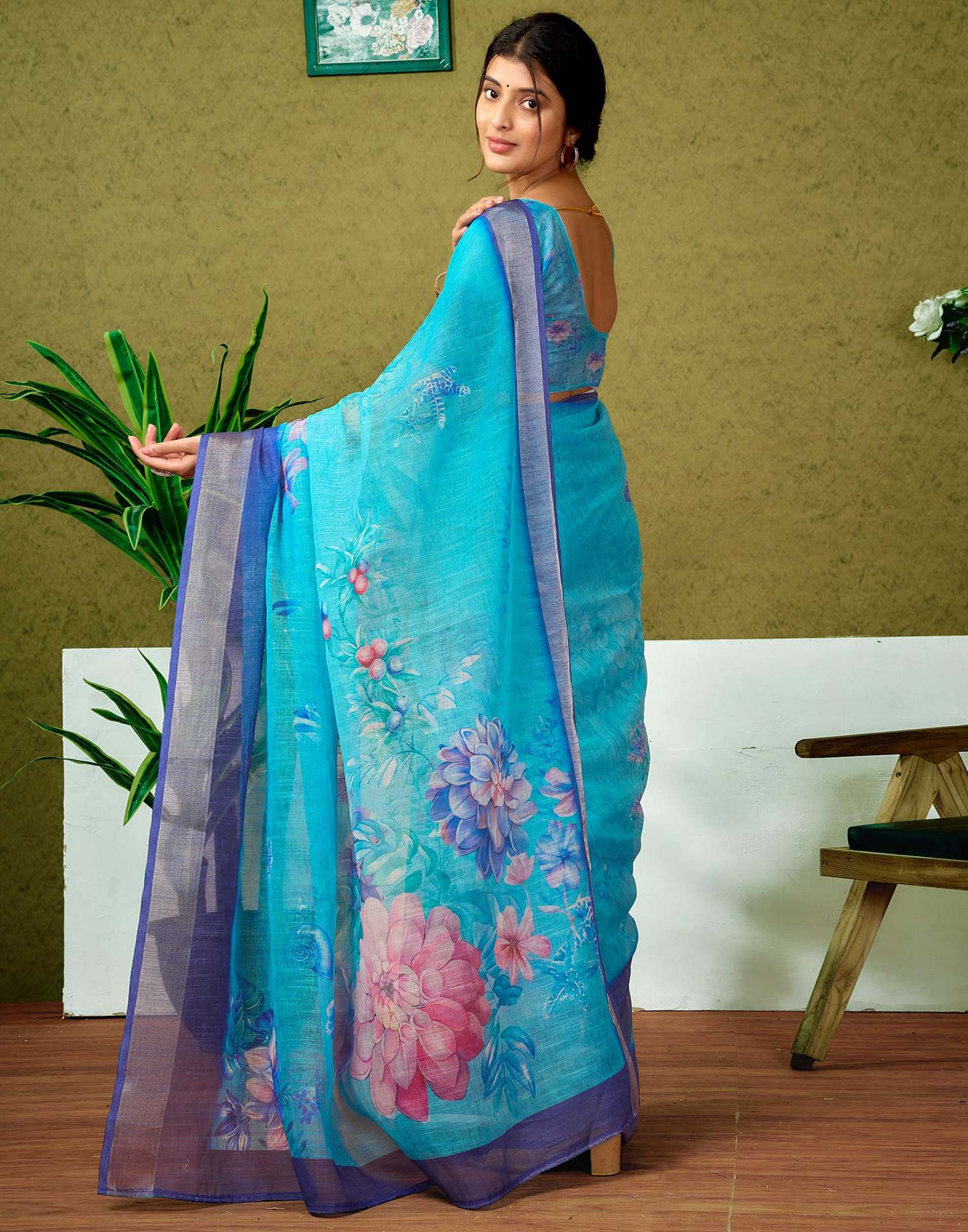 Ready To Wear Blue Printed Linen Saree