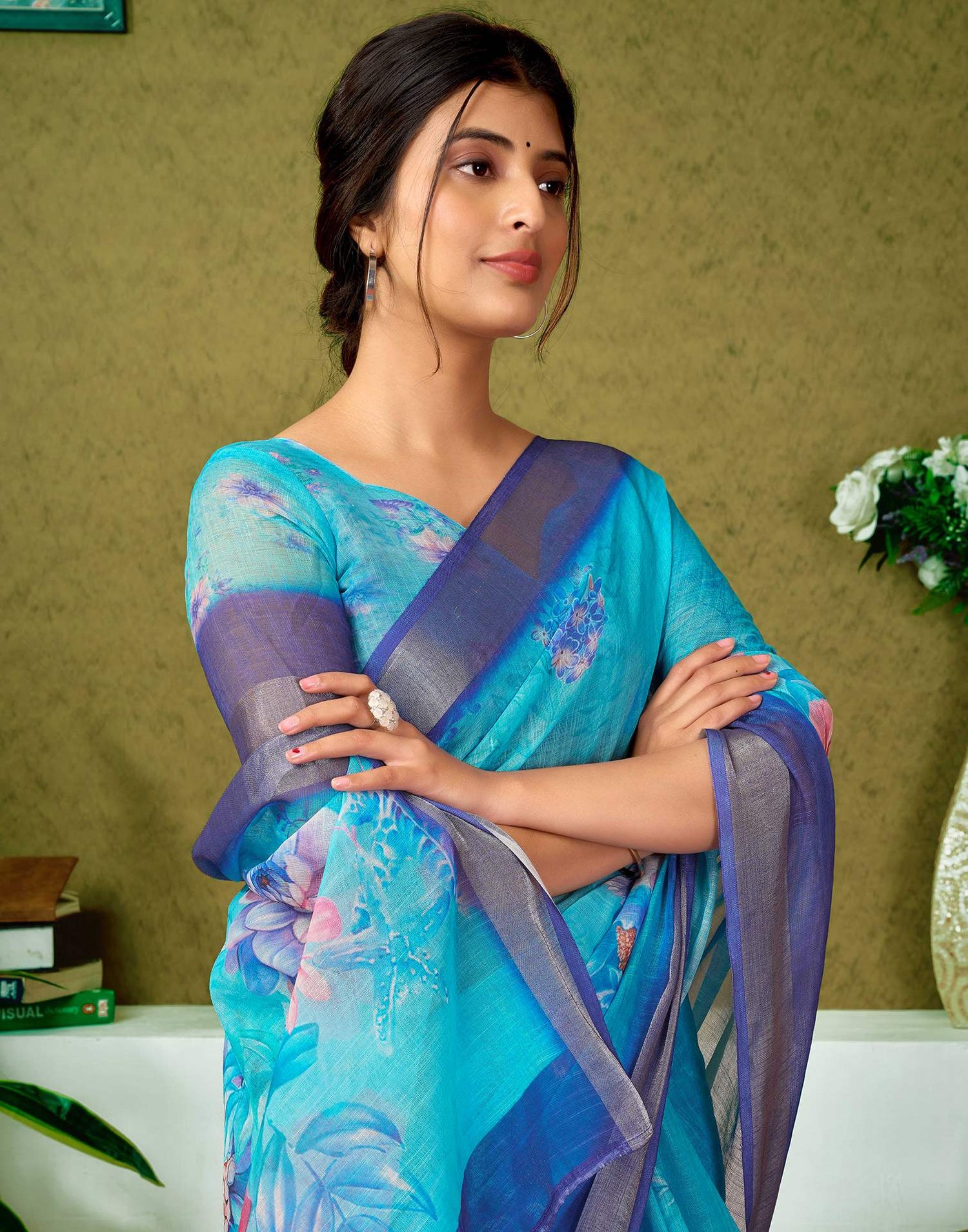 Ready To Wear Blue Printed Linen Saree