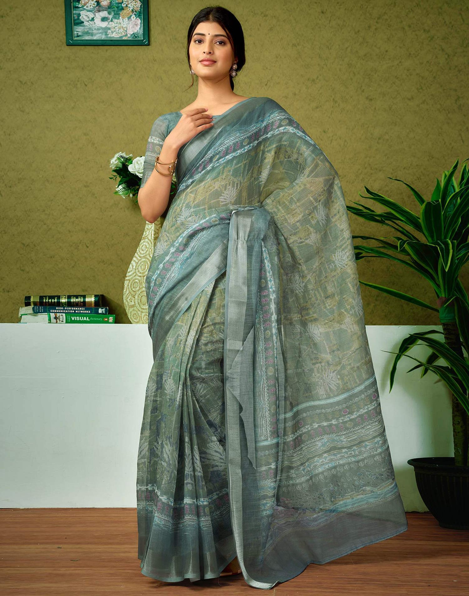 Ready To Wear Dusty Green Printed Linen Saree