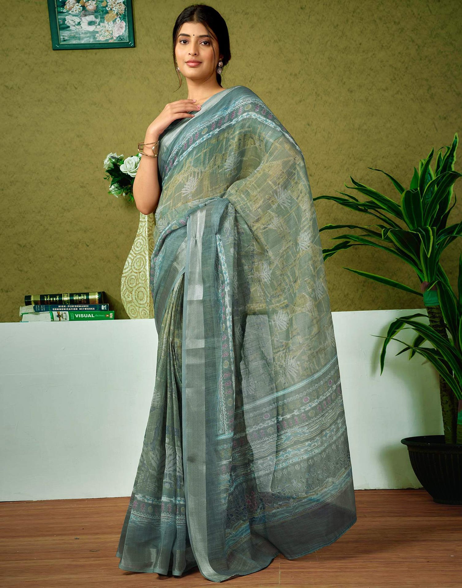 Ready To Wear Dusty Green Printed Linen Saree