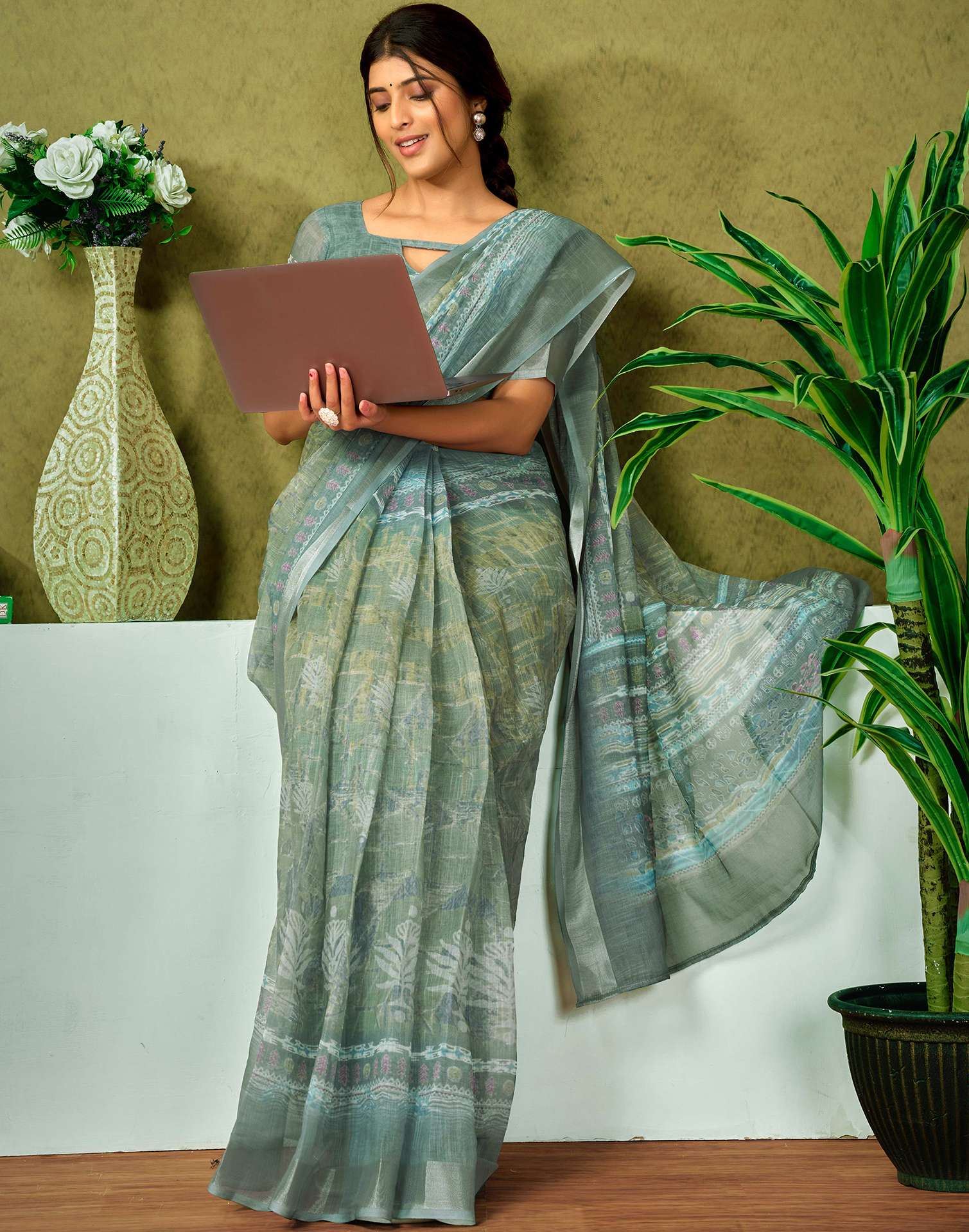 Ready To Wear Dusty Green Printed Linen Saree