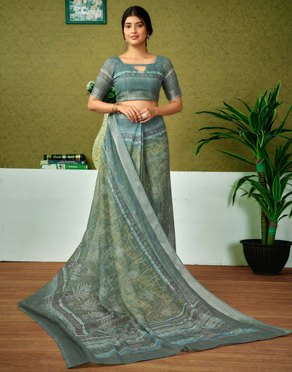 Ready To Wear Dusty Green Printed Linen Saree