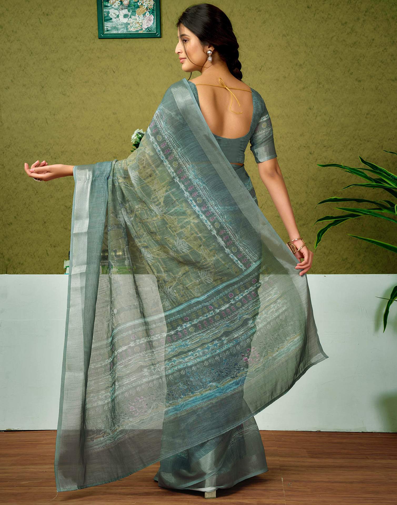 Ready To Wear Dusty Green Printed Linen Saree