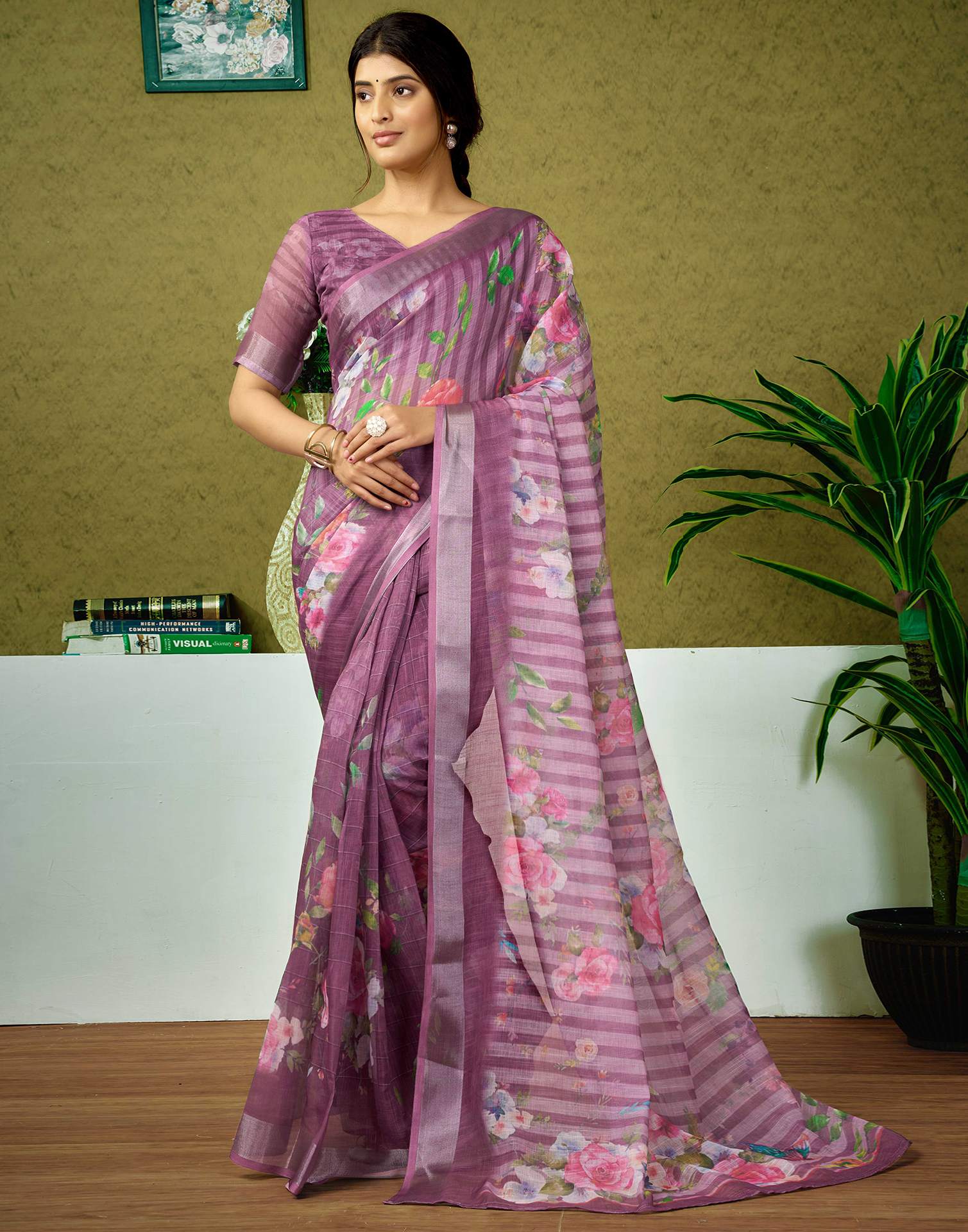 Ready To Wear Dusty Pink Printed Linen Saree