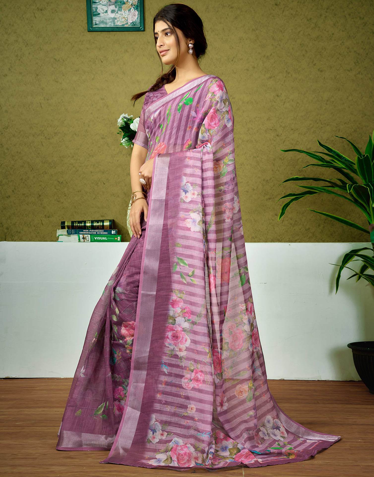 Ready To Wear Dusty Pink Printed Linen Saree