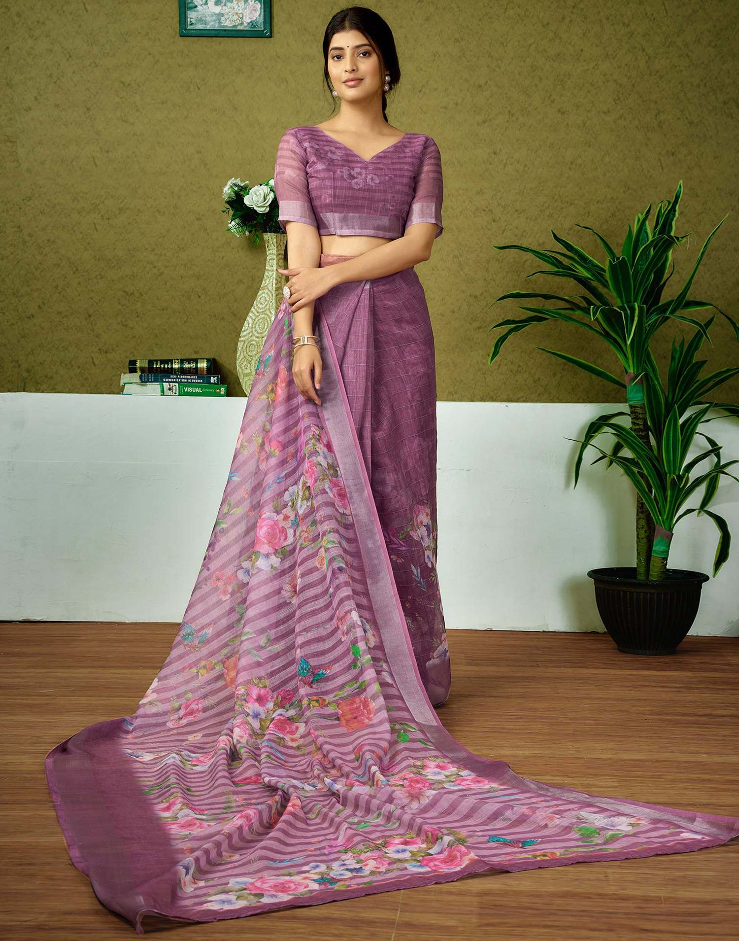 Ready To Wear Dusty Pink Printed Linen Saree