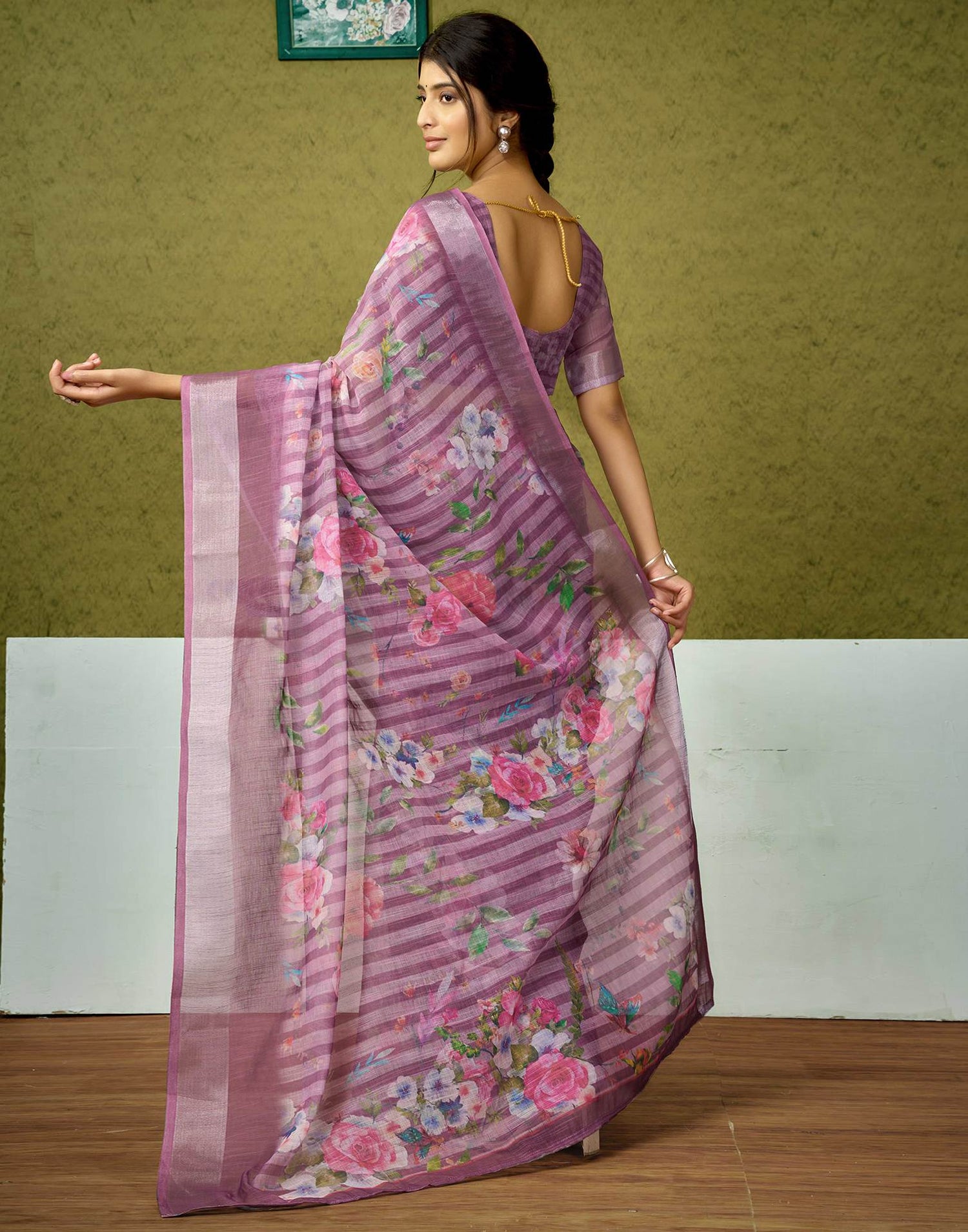 Ready To Wear Dusty Pink Printed Linen Saree