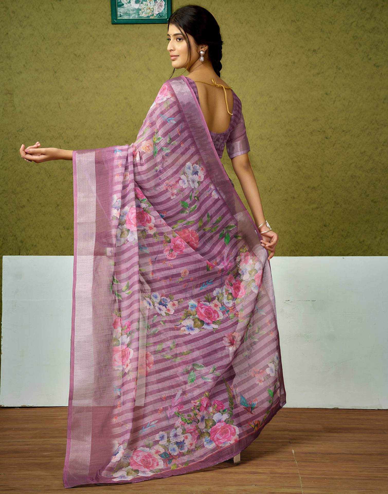 Ready To Wear Dusty Pink Printed Linen Saree