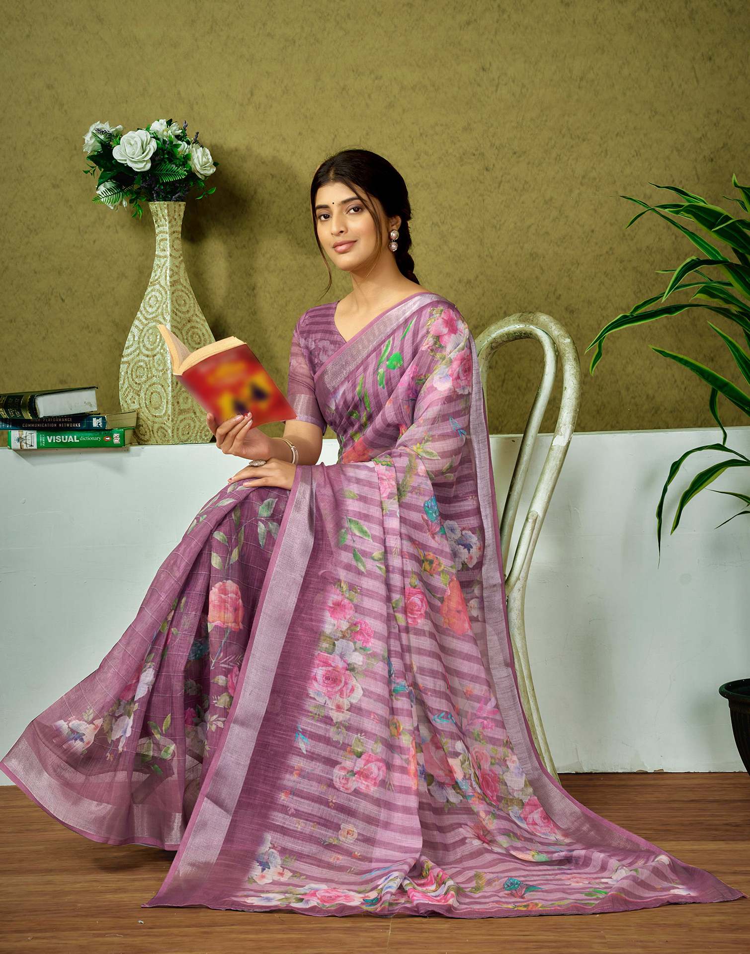 Ready To Wear Dusty Pink Printed Linen Saree