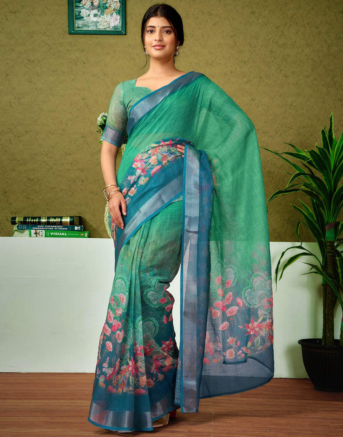 Ready To Wear Teal Green Printed Linen Saree