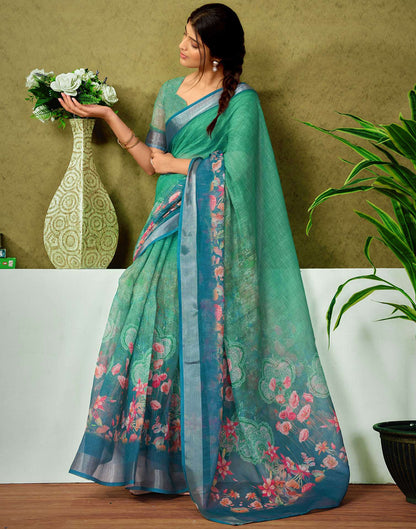 Ready To Wear Teal Green Printed Linen Saree